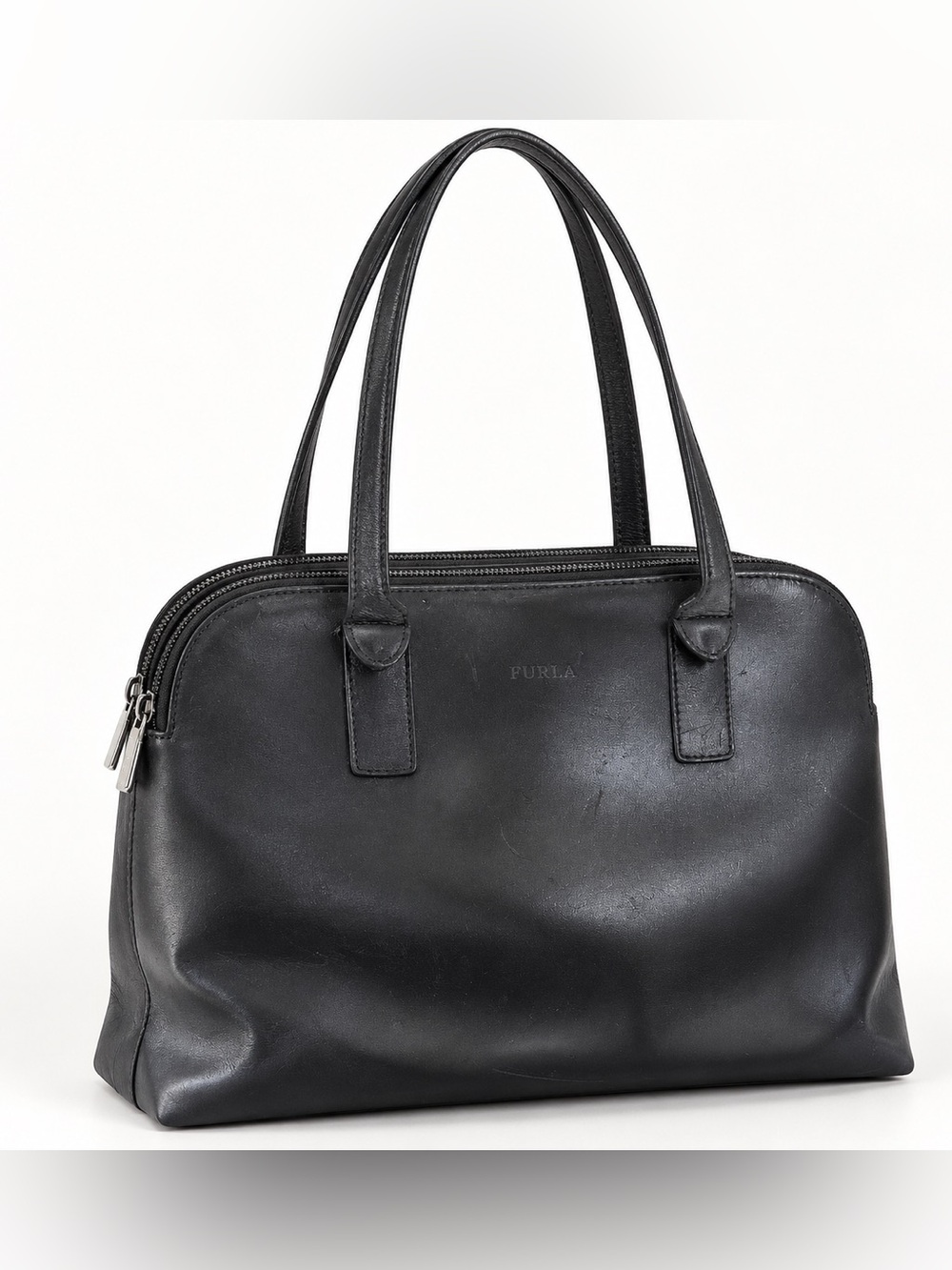 Furla Black Leather Double Zip Shoulder Bag 90s Archive